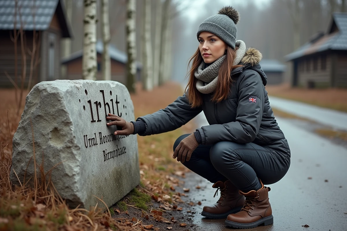 Jeune femme touchant un monument Irbit avec moto Ural