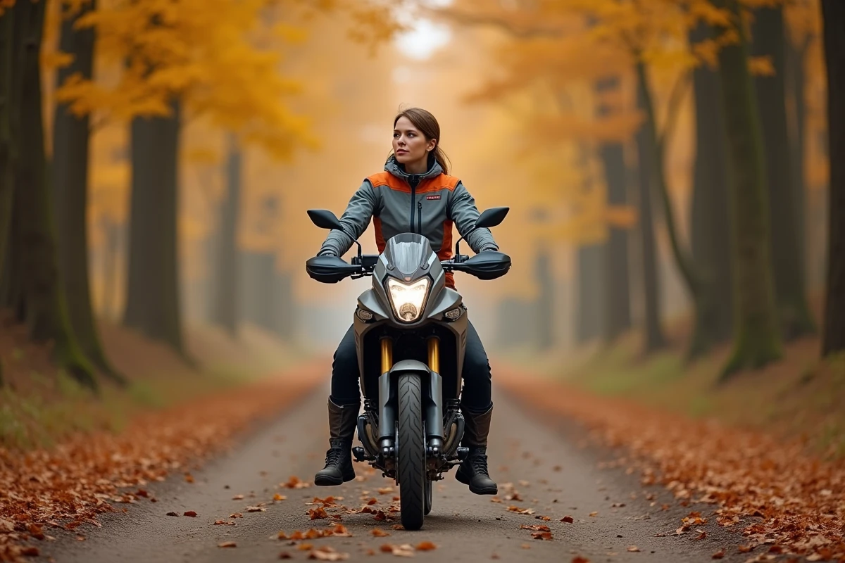 Femme motarde en combinaison d'aventure assise sur une Honda Africa Twin d'occasion sur un sentier forestier en automne avec feuillage doré en arrière-plan