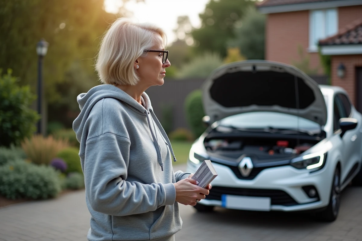 Femme examinant le moteur de sa Clio 2 dans une allée