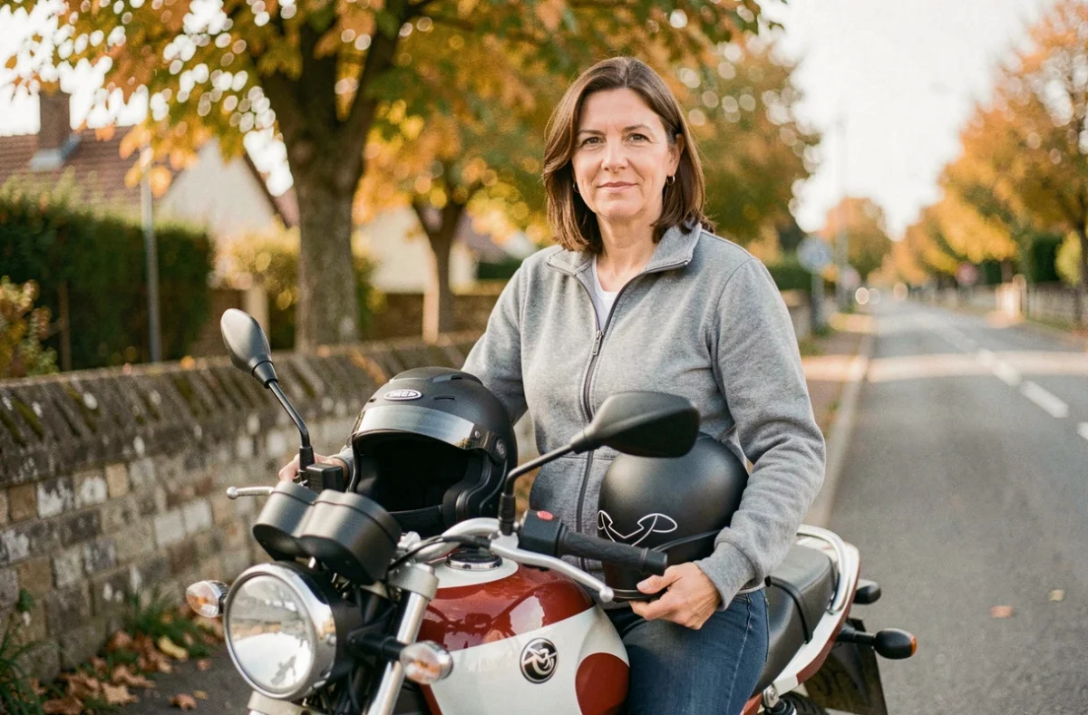 Femme avec un casque moto assise sur une 125cc au bord d'une route suburbaine française, évoquant les droits des conducteurs titulaires du permis B avant 1998 pour conduire un 125