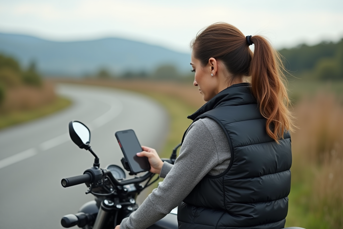 Femme motard vérifiant la navigation sur son smartphone en campagne