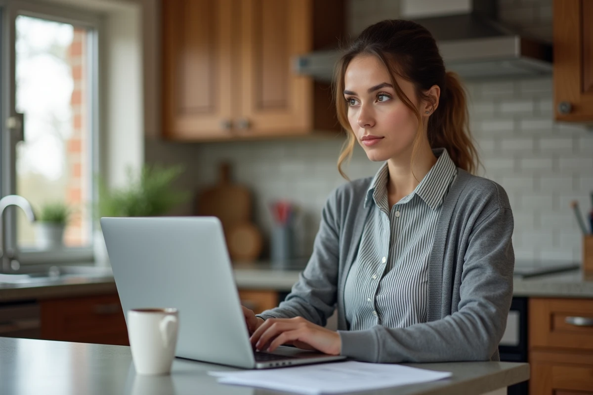 Femme concentrée consultat un rapport voiture à la maison