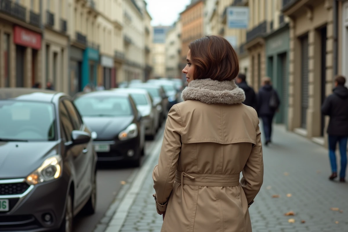 Femme parisienne marche près de voitures avec plaque verte