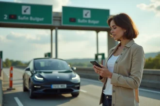 Femme près d'un péage autoroutier en France consultant son téléphone pour trouver les tronçons gratuits