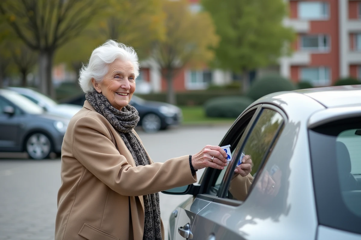 Femme âgée affichant son permis de stationnement handicapé