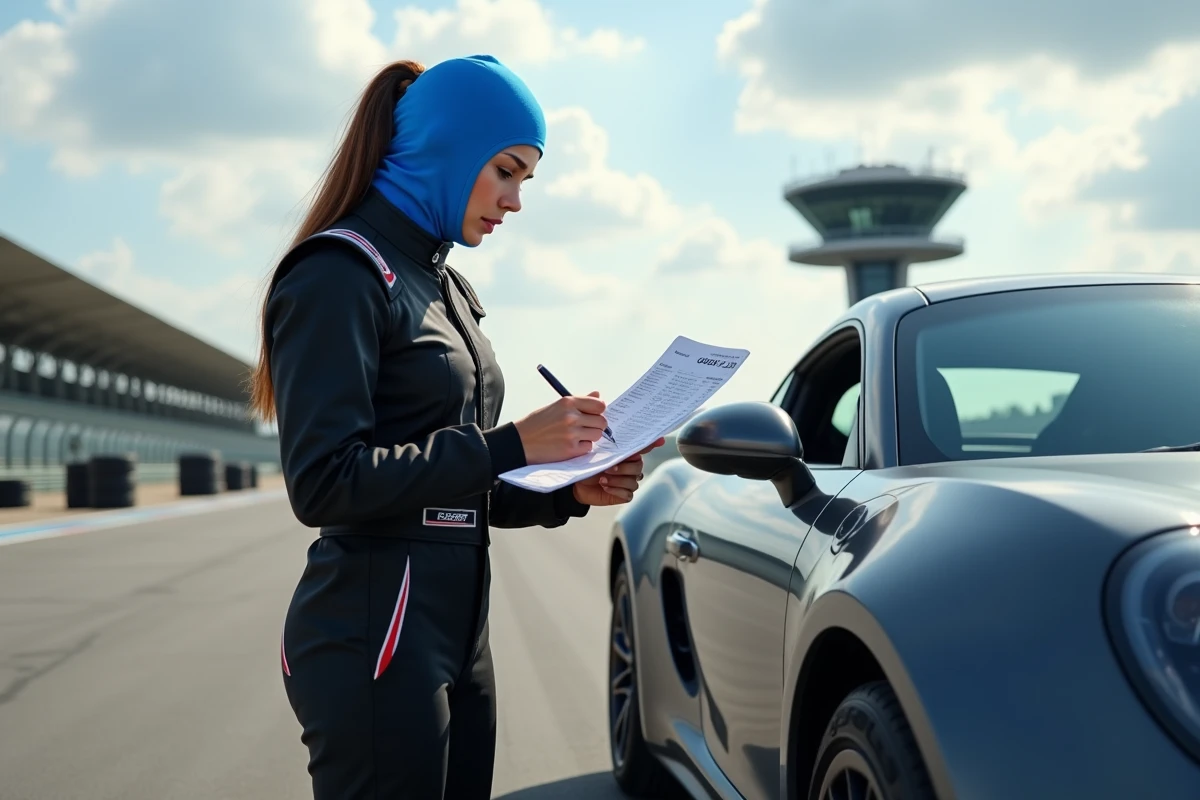 Femme pilote en combinaison de course consultant les tarifs d'un stage de pilotage sur circuit automobile