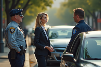 Femme d'affaires parlant avec un policier après un accident en ville