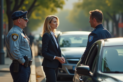 Femme d'affaires parlant avec un policier après un accident en ville