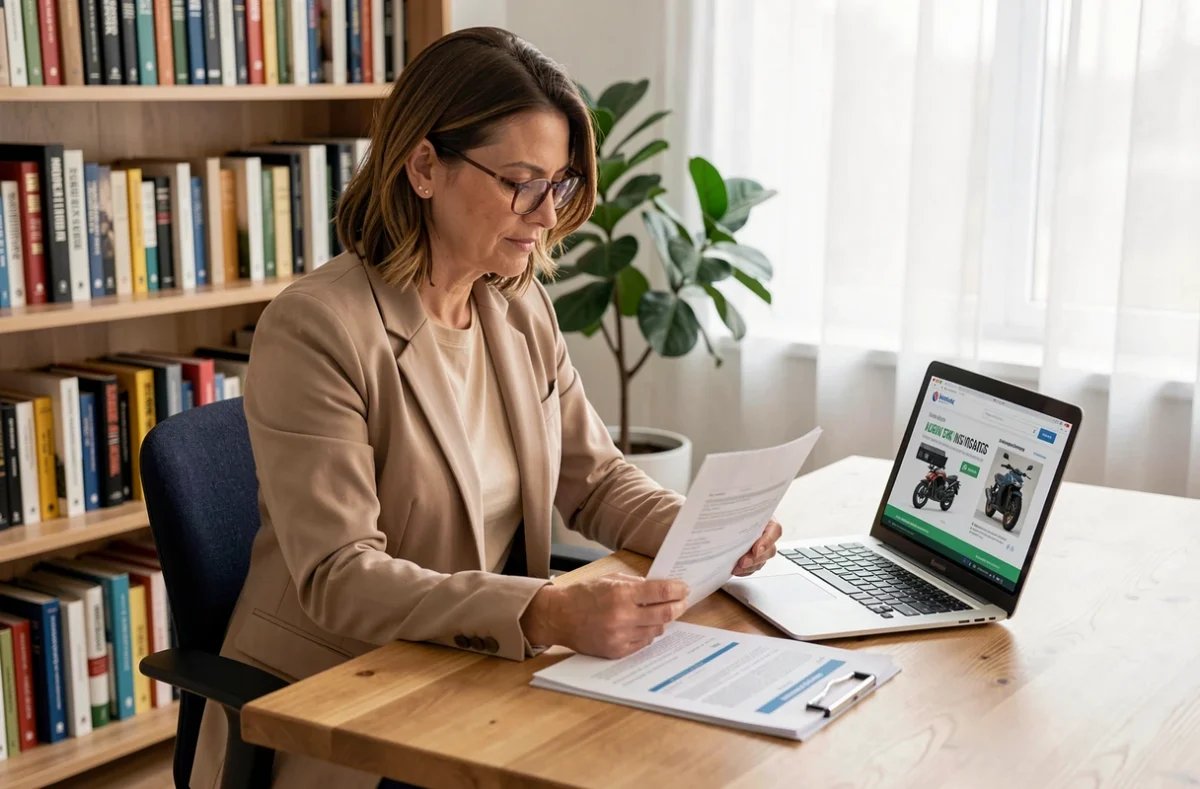 Femme consultant des documents d'assurance moto à son bureau, processus de résiliation selon la loi Hamon