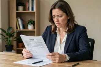 Femme consultant un contrat d'assurance auto à son bureau pour envisager une résiliation