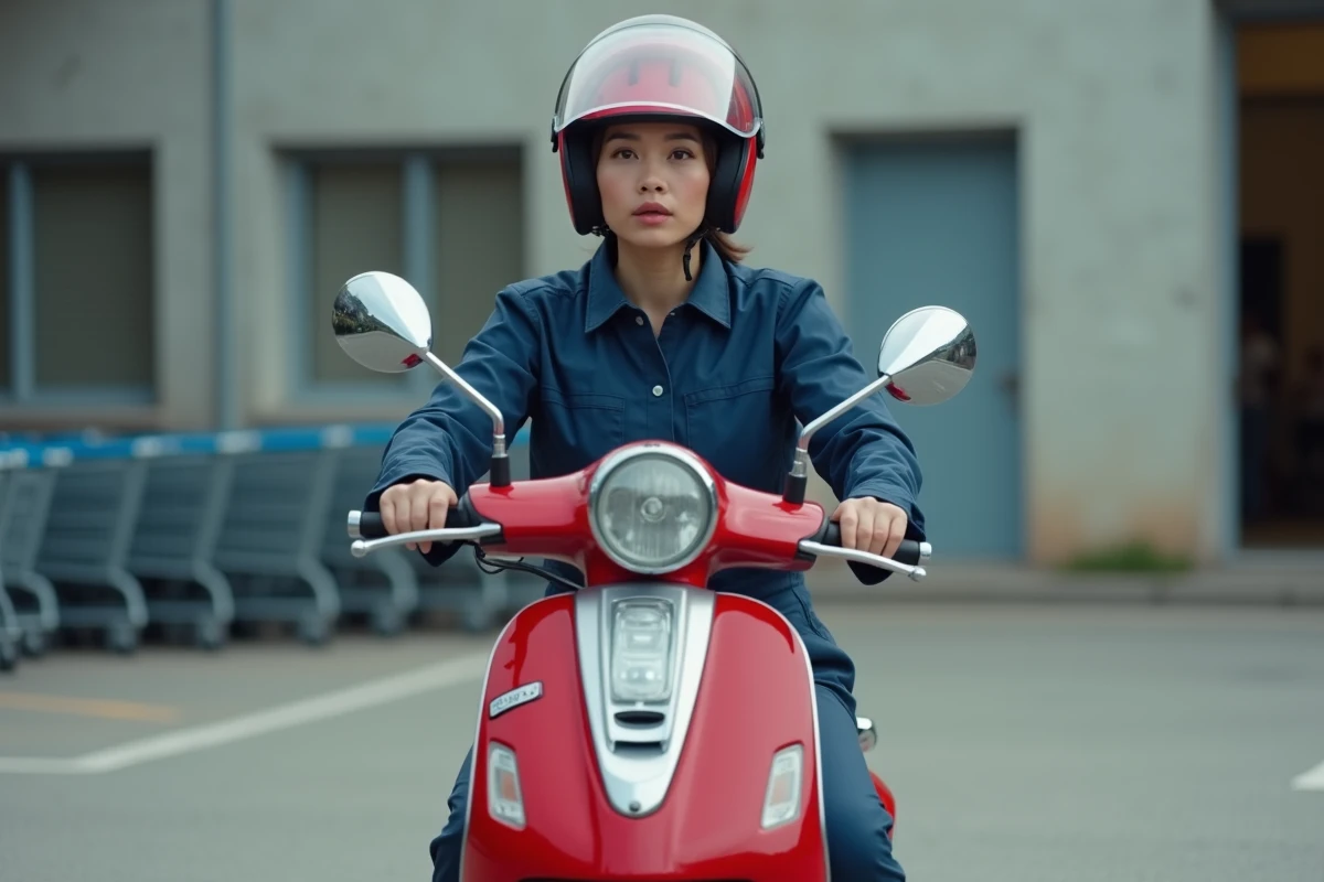 Femme en uniforme de travail sur un scooter 50cc rouge neuf dans un parking, symbolisant la mobilité quotidienne à petit budget