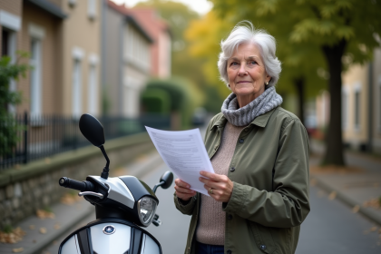 Femme réfléchissant à côté d'un scooter dans un quartier résidentiel