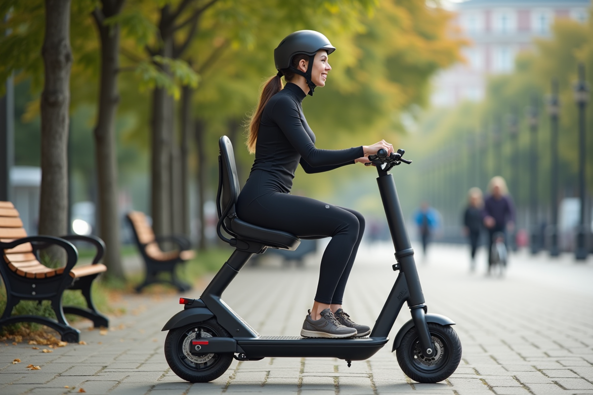 Femme souriante en scooter urbain dans un parc en ville