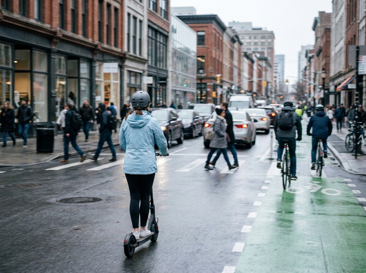 Femme en scooter utilitaire dans une rue commerçante animée, illustrant l'assurance scooter pour usage quotidien en ville