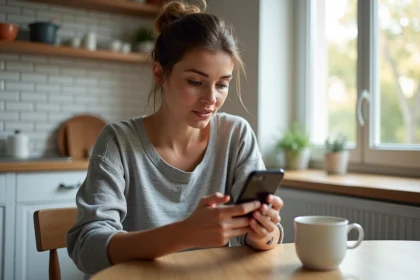 Femme consultant le site d'actualités 209.fr sur son smartphone dans une cuisine française le matin