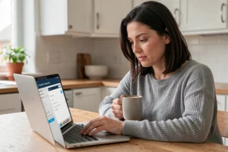 Femme souscrivant une assurance auto en ligne depuis son ordinateur portable dans une cuisine moderne