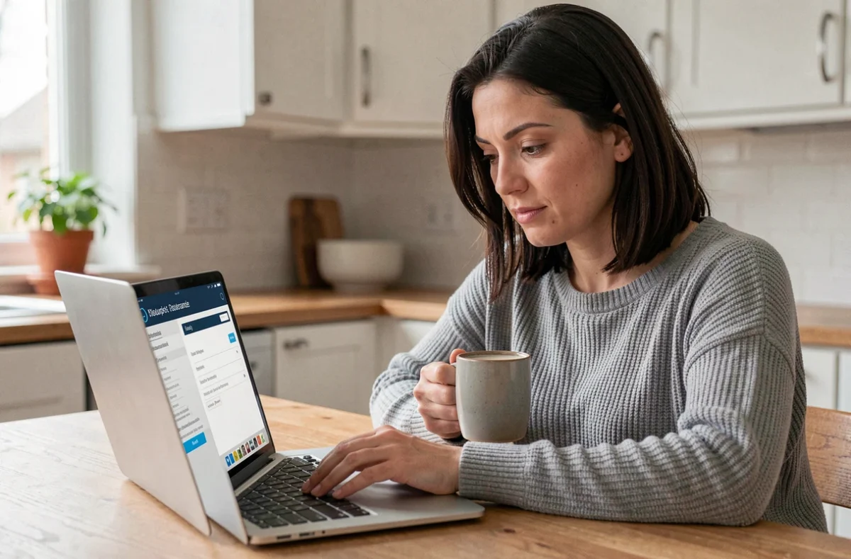 Femme souscrivant une assurance auto en ligne depuis son ordinateur portable dans une cuisine moderne