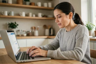 Femme souscrivant une assurance voiture en ligne sur son ordinateur portable dans une cuisine moderne