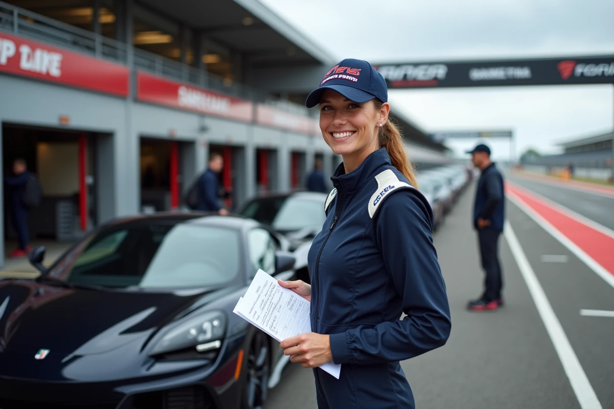 Femme participant à un stage de pilotage dans le paddock avec une fiche de temps au tour