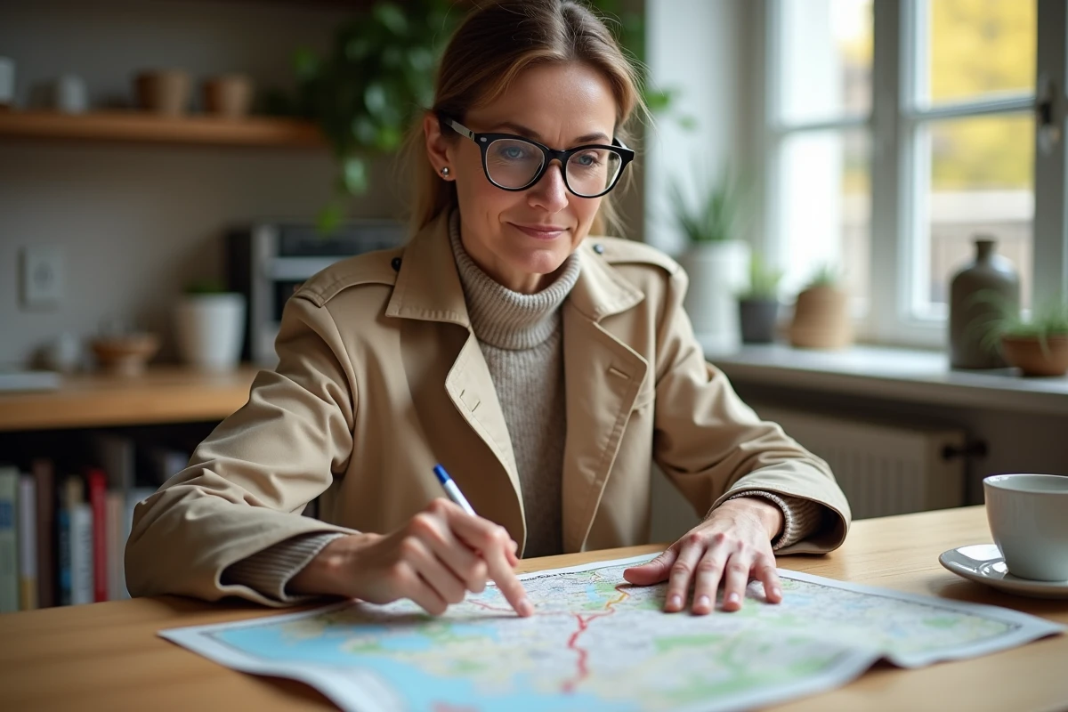 Femme en trench trace un itinéraire sur une carte routière