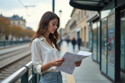 Jeune femme consulte une carte près d'un arrêt de tram à Bordeaux