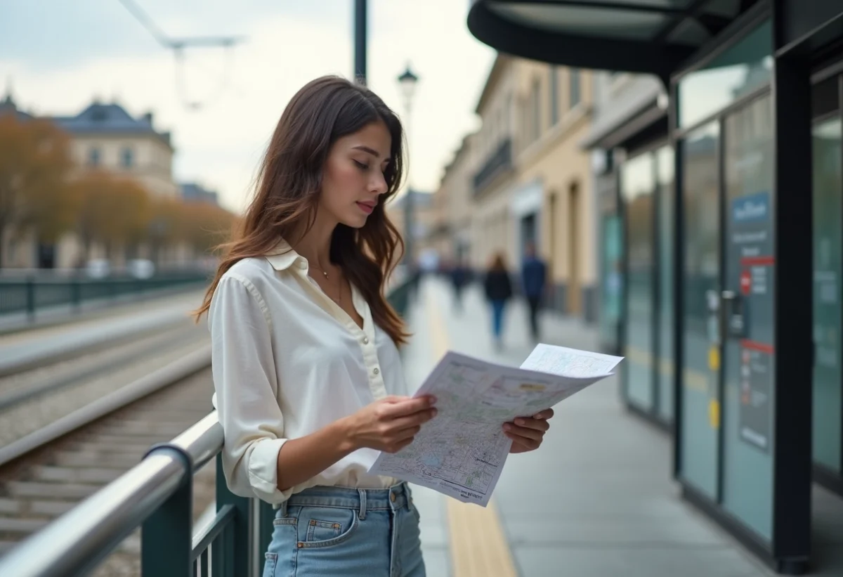 Jeune femme consulte une carte près d'un arrêt de tram à Bordeaux