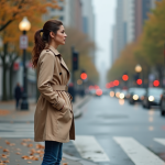 Durée d’un feu orange : faut-il s’arrêter ou passer ? Femme en trench beige à un passage piéton en automne