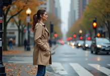 Durée d’un feu orange : faut-il s’arrêter ou passer ? Femme en trench beige à un passage piéton en automne