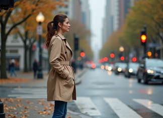 Durée d’un feu orange : faut-il s’arrêter ou passer ? Femme en trench beige à un passage piéton en automne