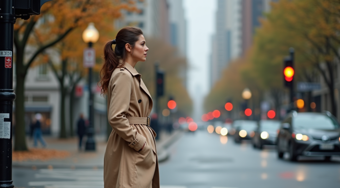 Durée d’un feu orange : faut-il s’arrêter ou passer ? Femme en trench beige à un passage piéton en automne