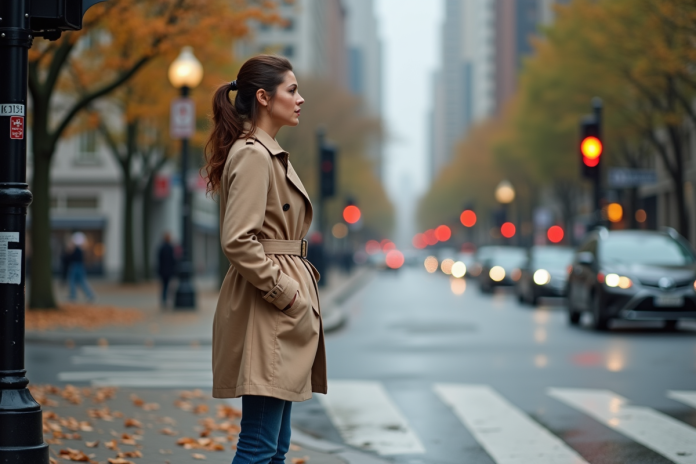 femme-trench-coat-automne Femme en trench beige à un passage piéton en automne