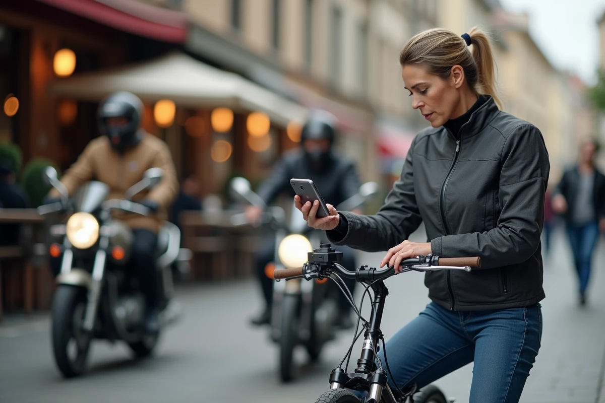 Femme ajustant son smartphone sur le guidon en ville
