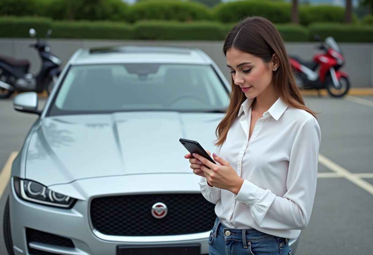Jeune femme vérifiant un logo de voiture avec son smartphone