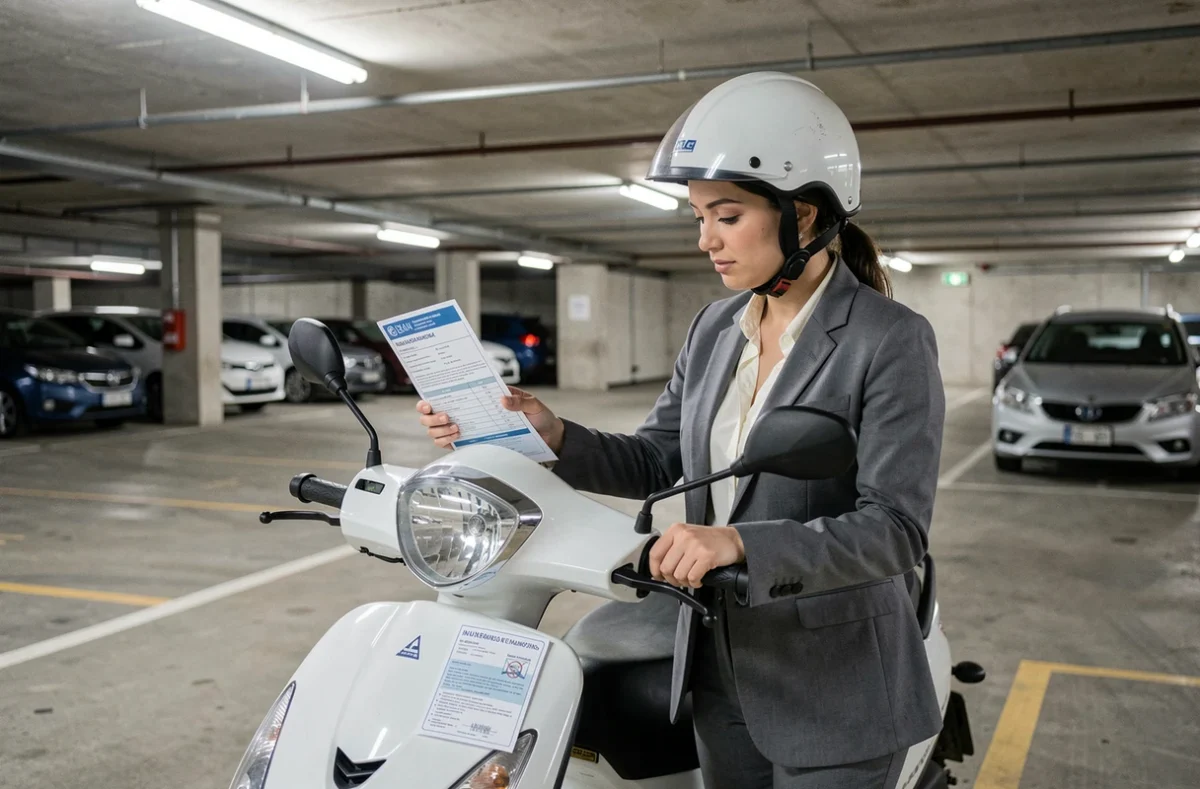 Femme vérifiant l'attestation d'assurance obligatoire collée sur un scooter 125cc dans un parking couvert
