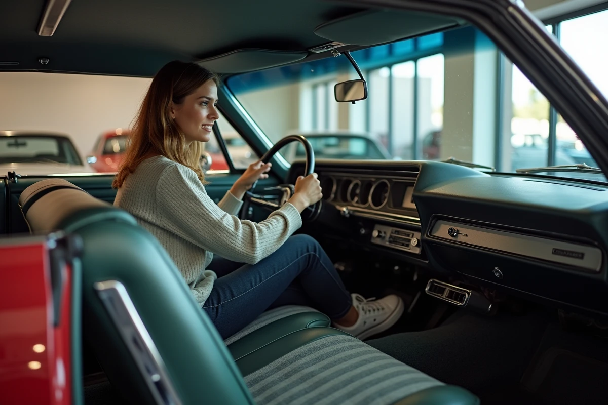 Femme dans un showroom vintage inspectant l