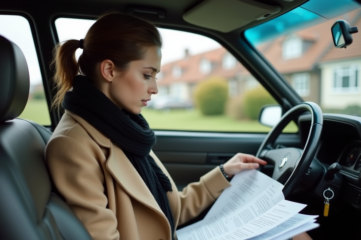 Jeune femme dans une voiture avec papiers