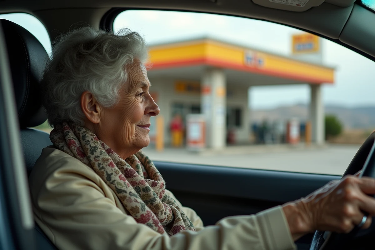 Femme âgée dans sa voiture à la station Mille