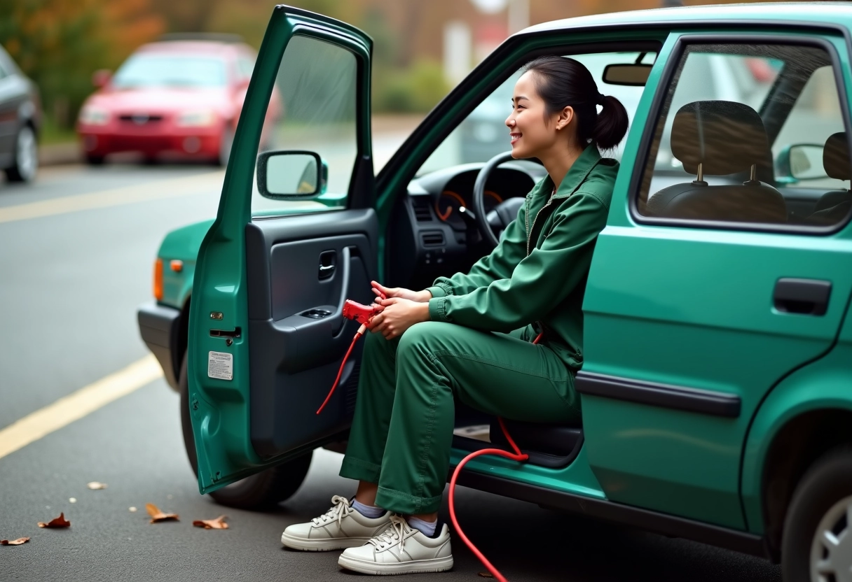 Jeune femme dans une voiture avec câbles de démarrage dans un parking urbain