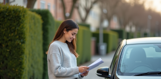 Assurance auto : quel véhicule est le plus économique à assurer ? Jeune femme avec voiture citadine en suburbia