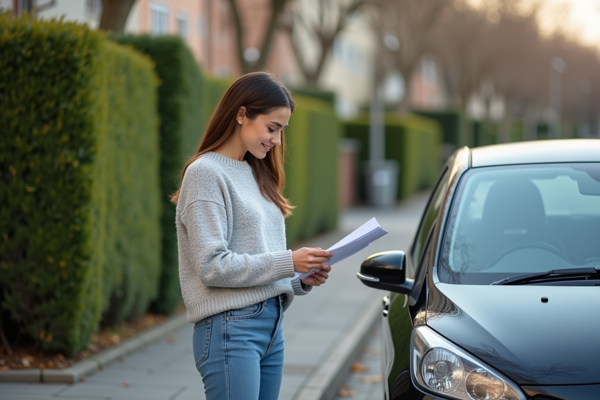 Jeune femme avec voiture citadine en suburbia