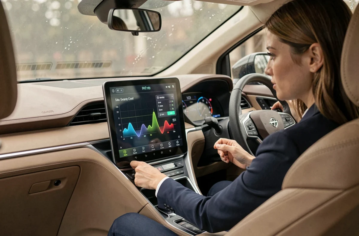 Femme au volant d'une voiture hybride consultant l'écran de gestion d'énergie du tableau de bord