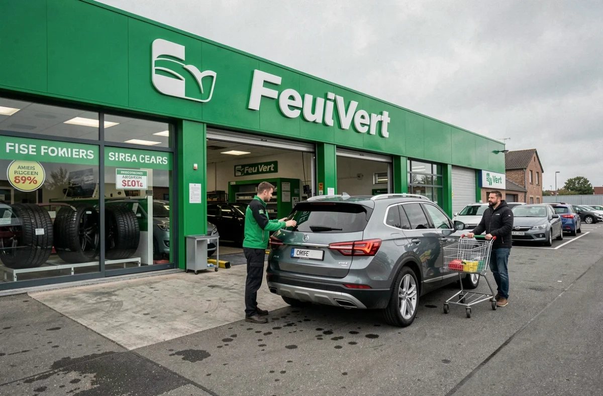 Façade du centre auto Feu Vert à Amiens avec un technicien accueillant un client dans l'aire de service