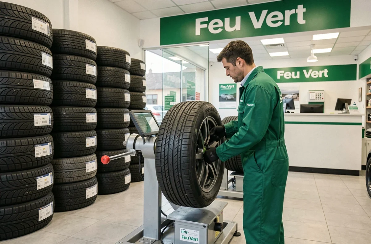 Technicien montant un pneu sur une machine d'équilibrage dans le centre Feu Vert de Montpellier