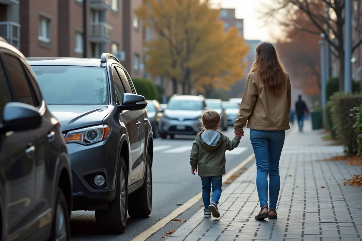 Jeune femme avec enfant hésitant devant un SUV bloquant le trottoir