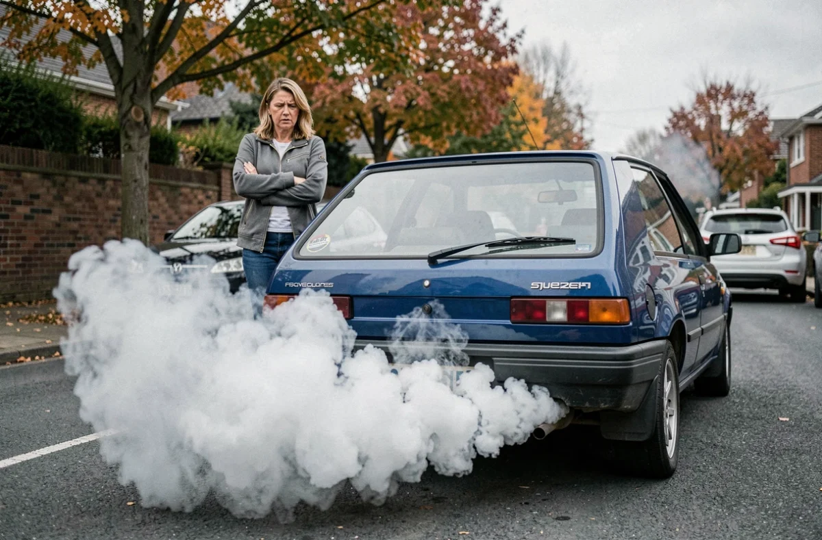 Femme observant la fumée blanche qui sort du pot d'échappement de sa voiture garée dans une rue résidentielle