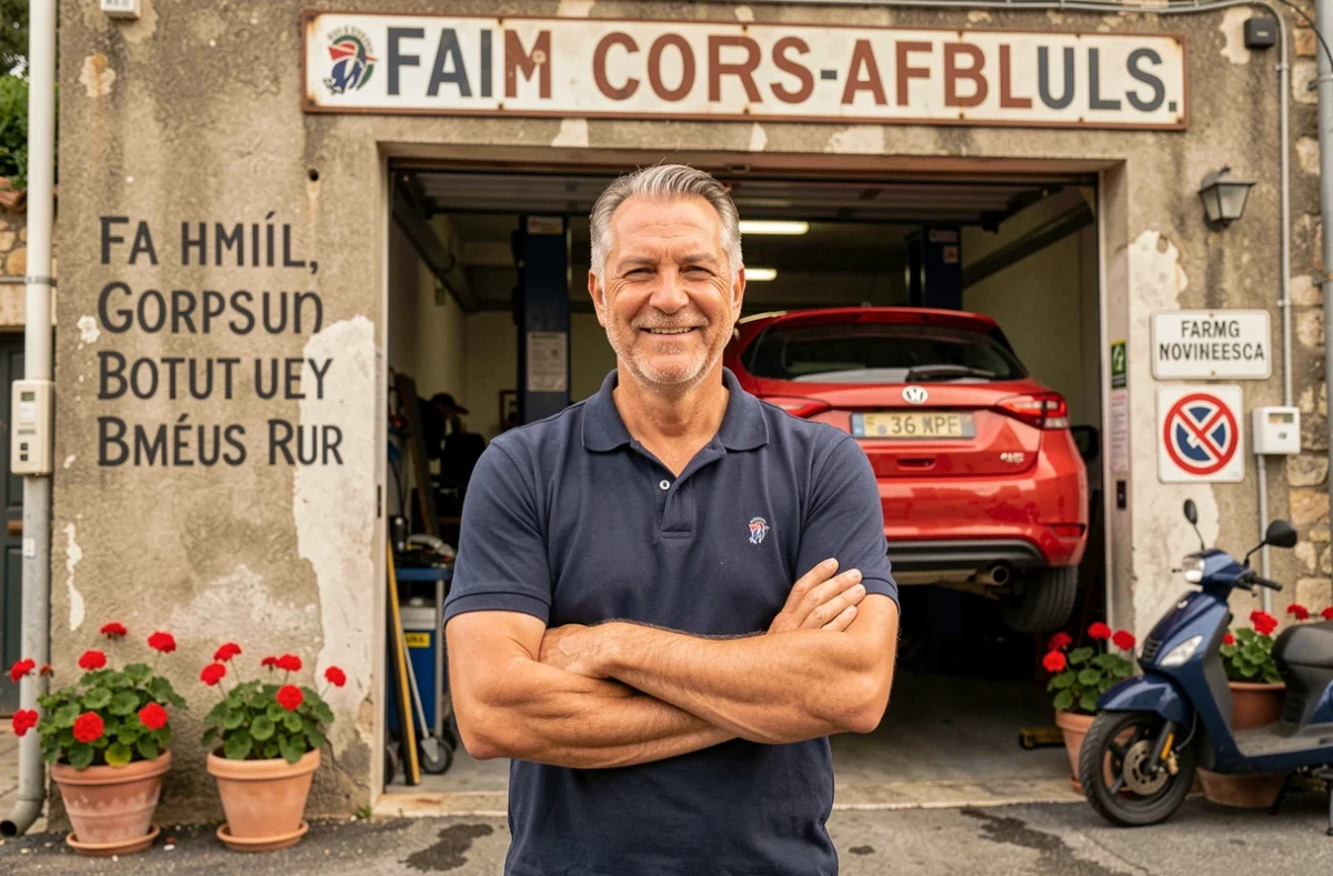 Propriétaire du Garage Automobile Tony Faillace devant son atelier familial dans une commune de Haute-Corse
