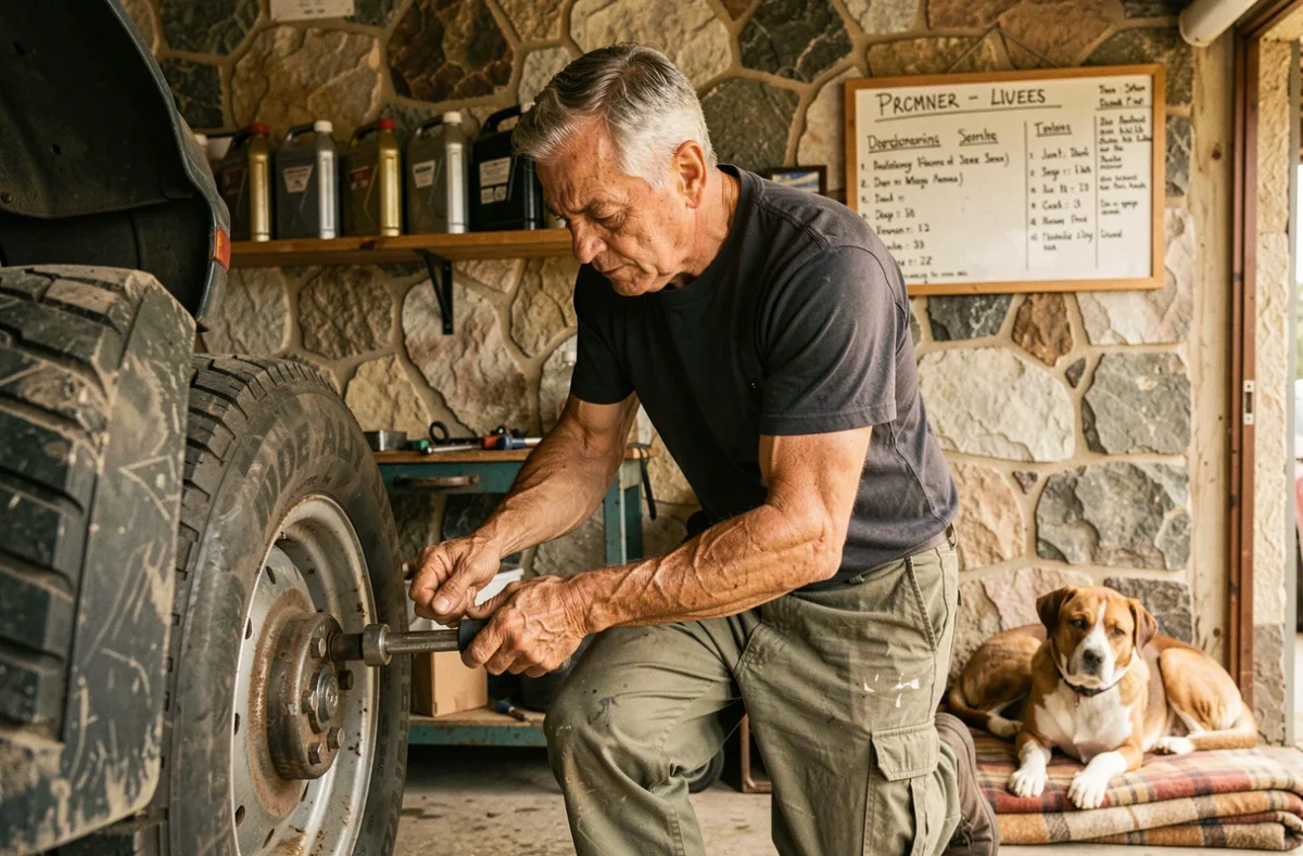 Mécanicien expérimenté serrant les boulons d'une roue dans le garage indépendant et chaleureux de Garage Ferretti en Haute-Corse