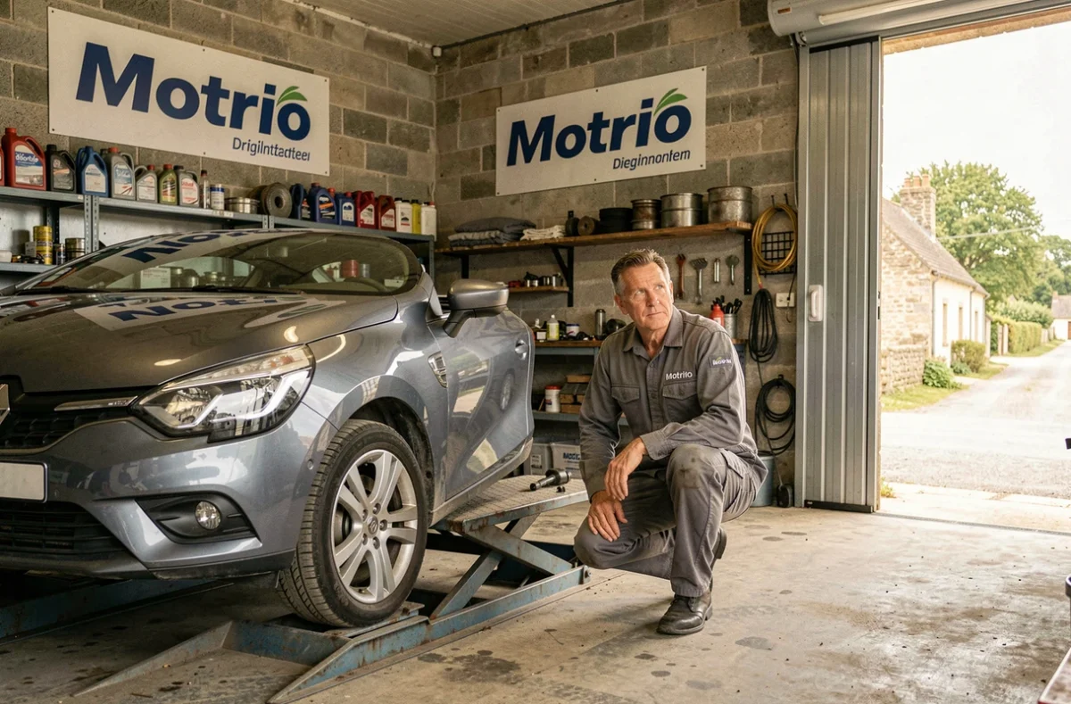 Mécanicien en uniforme Motrio travaillant sur une voiture dans le garage Agence Mequignon à Canchy
