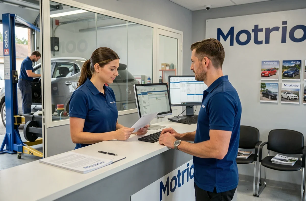 Conseillère du garage Barcena Motrio à Pont-de-Metz accueillant un client à la réception
