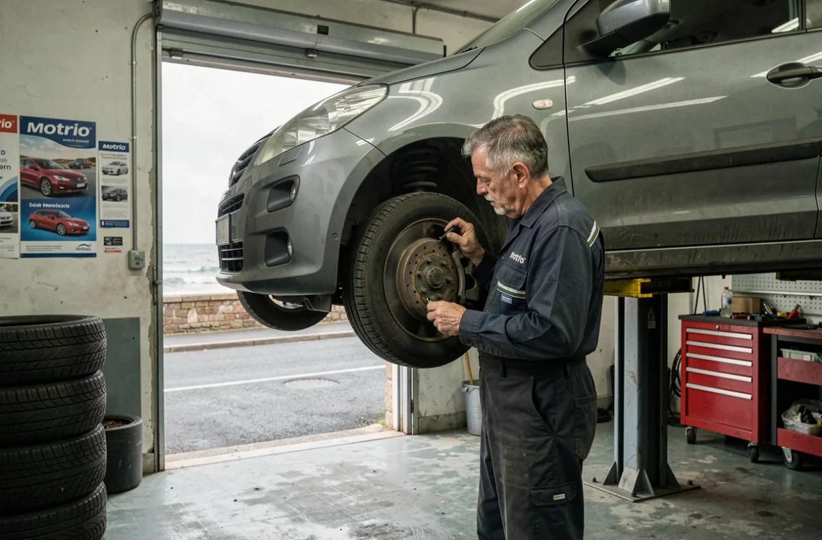 Mécanicien du garage SJ Automobiles Motrio à Ault inspectant les freins d'un véhicule sur un pont élévateur